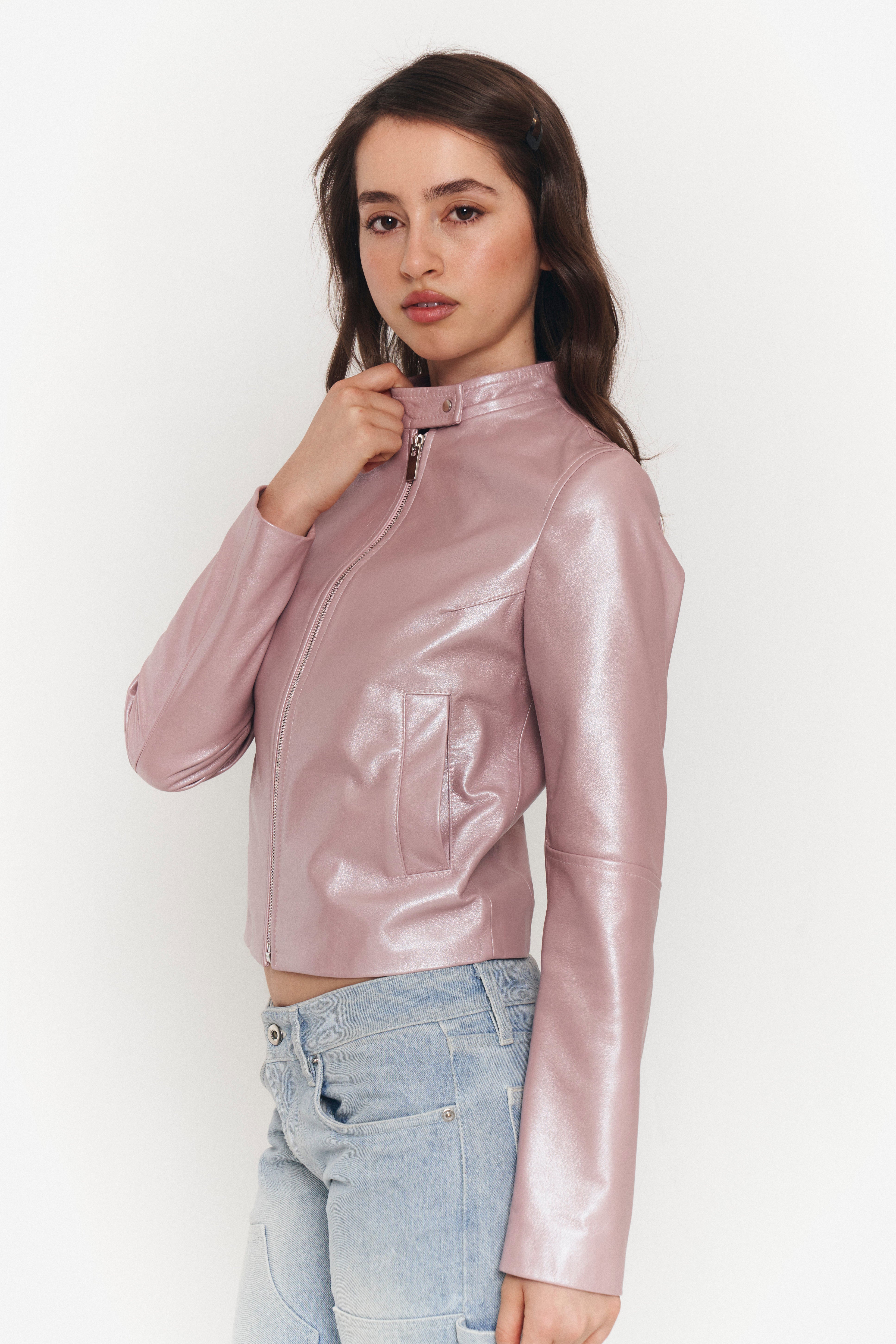 BLAMINKジャンパー38ピンク Mens 8 Ball Pink Hooded Leather Jacket