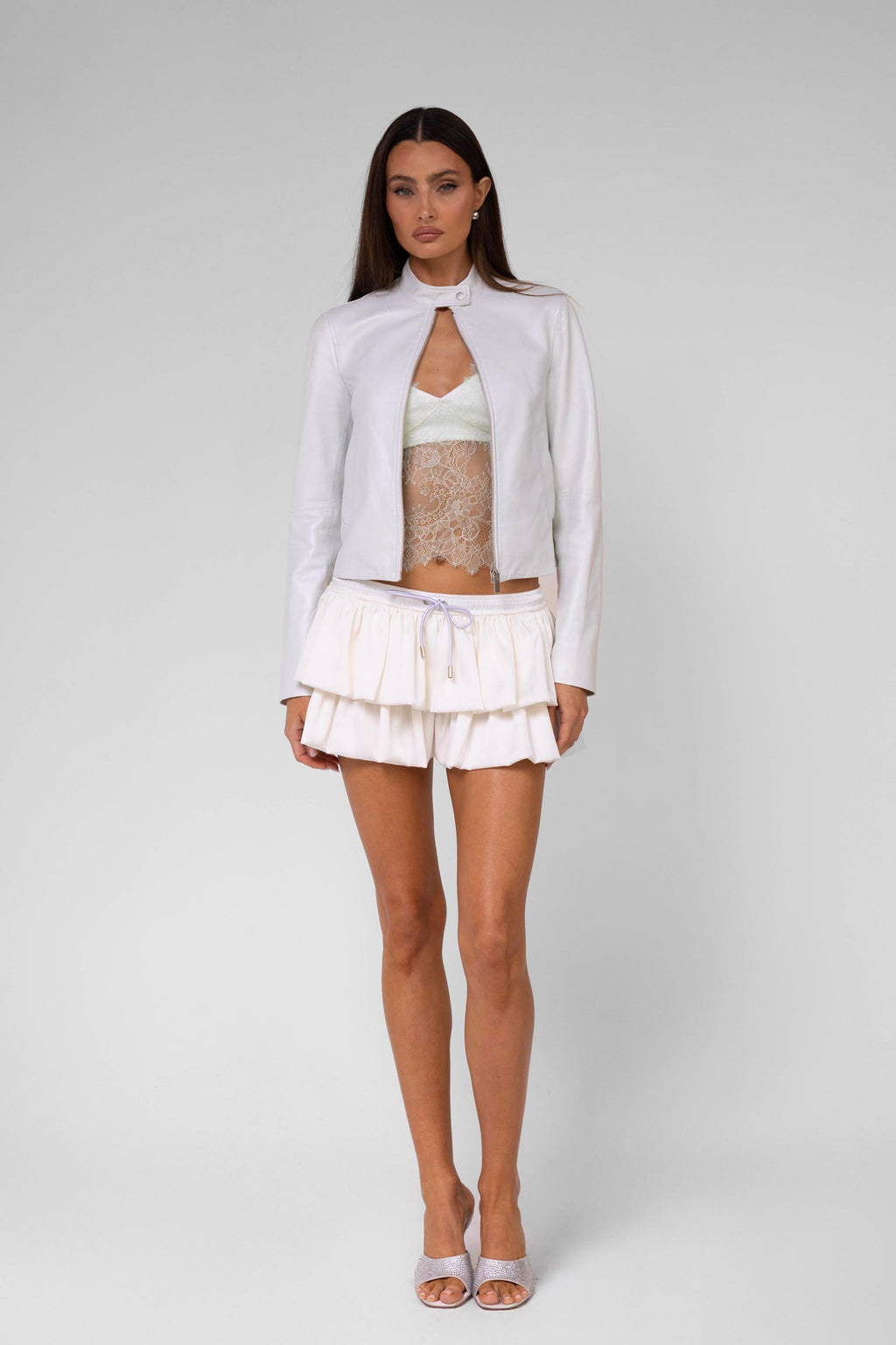 White Ruffled Satin Mini Skirt