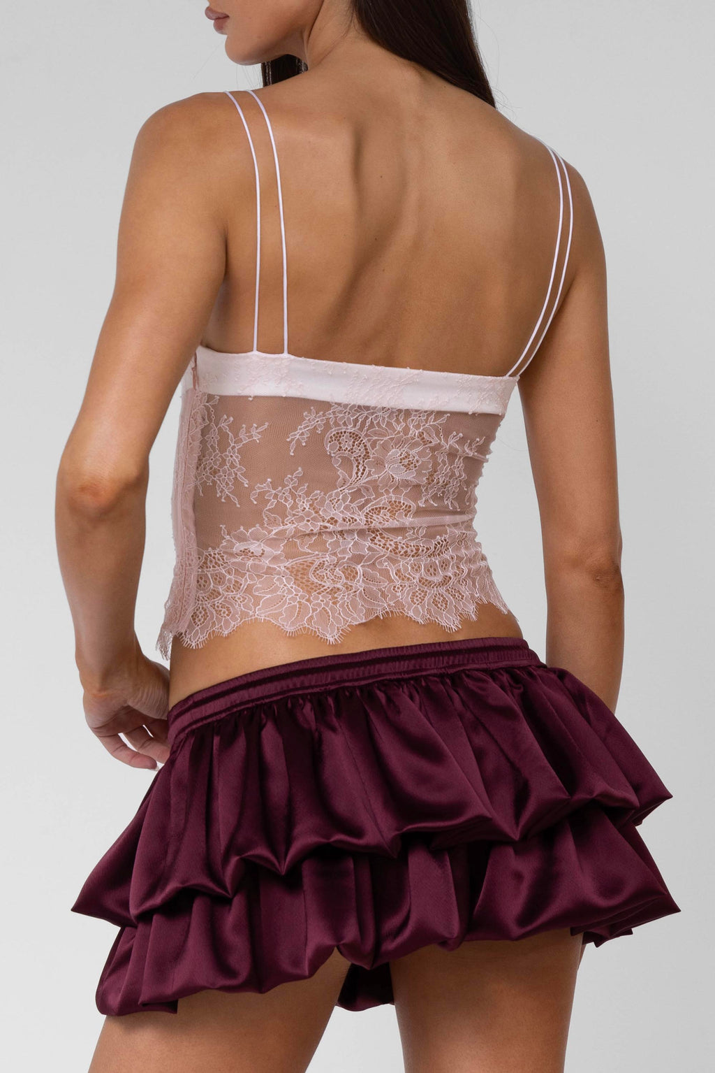 Burgundy Ruffled Satin Mini Skirt